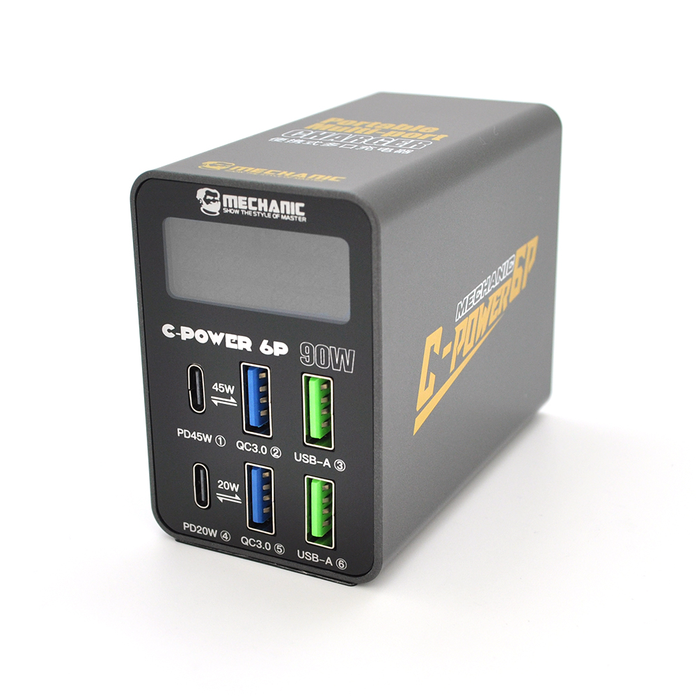 Зарядна станція з цифровою індикацією MECHANIC C-Power 6P, 2*USB-A, 2*QC3.0-5В3А,9В2A,12В1.5А, 2*PD3.1-(5В/9В/12В/15В)3А,20В2,2,220В/90Вт.150*100*50мм