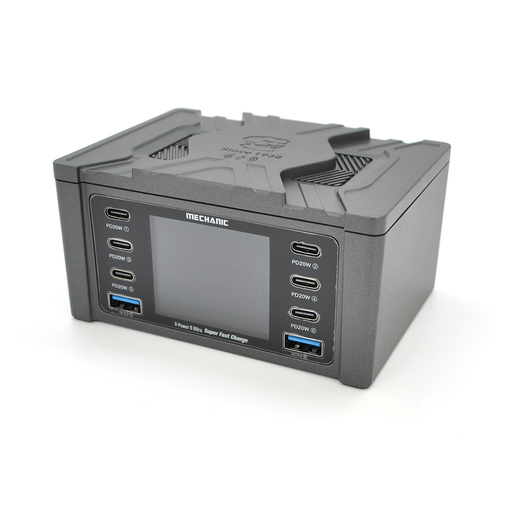 Зарядна станція з цифровою індикацією MECHANIC V-Power 8 Ultra, 2*QC3.0-5В3А,9В2A, 6*PD3.1-(5В/9В/12В/15В)3А,20В2,25A, 220В/160Вт. 114*60*84мм