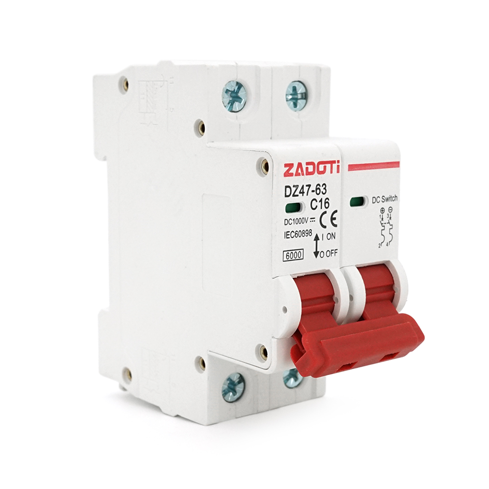 Автоматичний вимикач постійного струму ZADOTI DZ47-63C16 2P DC1000V, 16A, 6kA, DIN, 35*75*79mm