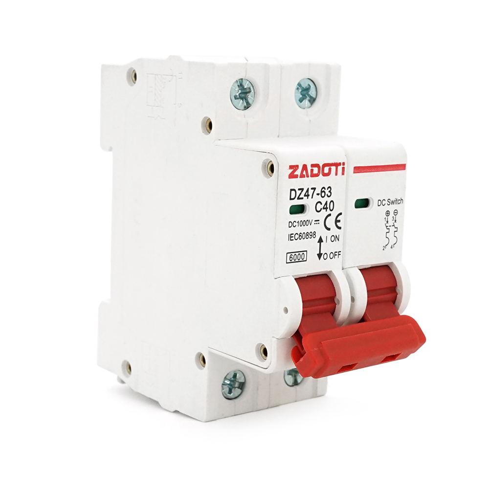 Автоматичний вимикач постійного струму ZADOTI DZ47-63C40 2P DC1000V, 40A, 6kA, DIN, 35*75*79mm