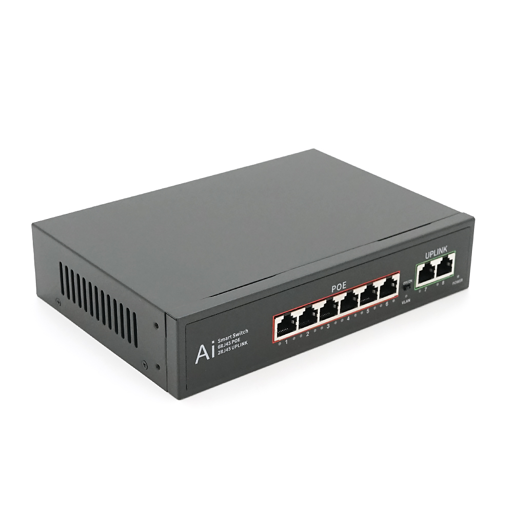 POE комутатор гігабітний Merlion 6 POE 10 / 100 / 1000 + 2 RJ45 10 / 100 / 1000 вбудований блок живлення 52V 2.3A