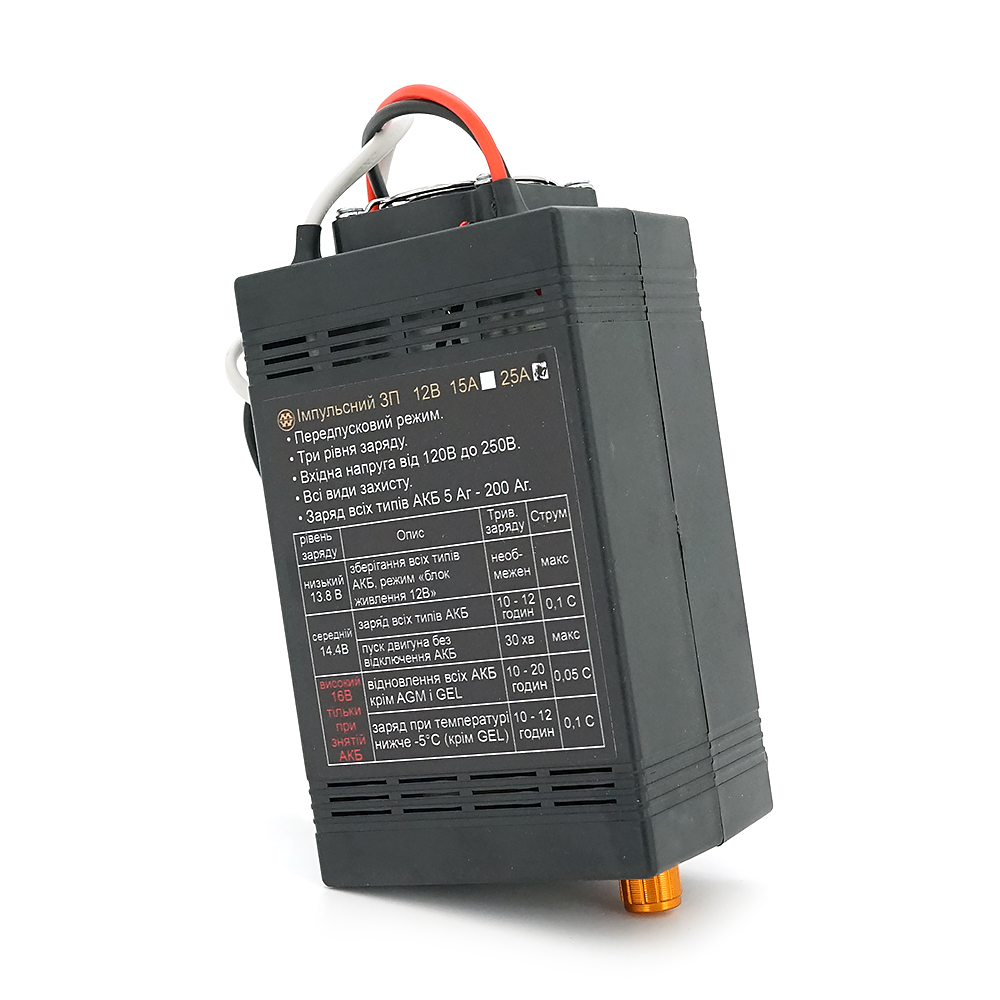 ЗУ для авто / мото акумуляторів MW-IZU12-25A(Ц) 12V з цифровим амперметром та регулятором струму до 25А, 150-250V, (MF, AGM, GEL, CA / CA, LiFePO4)