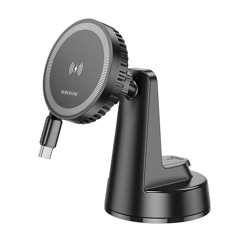 Автотримач BOROFONE BH208 + Wireless Charging 15W, кріплення на торпеду, клямка 50-90мм, Black, Box