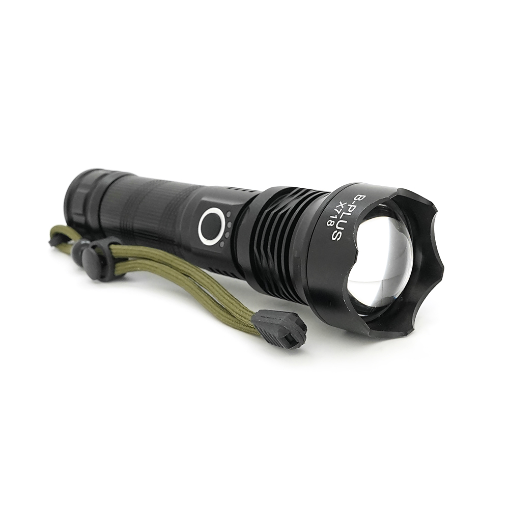 Ліхтарик BP-X718 P90, Zoom, 1 режим, корпус метал, акум 18650, індикація заряду, USB кабель, BOX