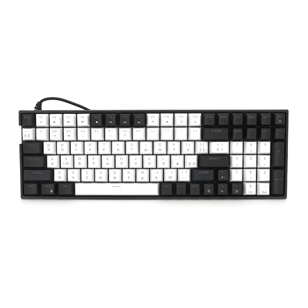 Механічна клавіатура USB XSTRIKE XS-1030, довжина кабелю 150см, RGB підсвічування, Eng/Укр/Рус, 395х150х45 мм, Black/White, 100к, Q20