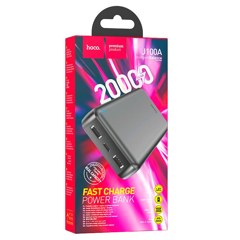Power Bank HOCO J100A 20000mAh, USB+Type-C, 2A, Black, 0.470kg, Box — Фото 2