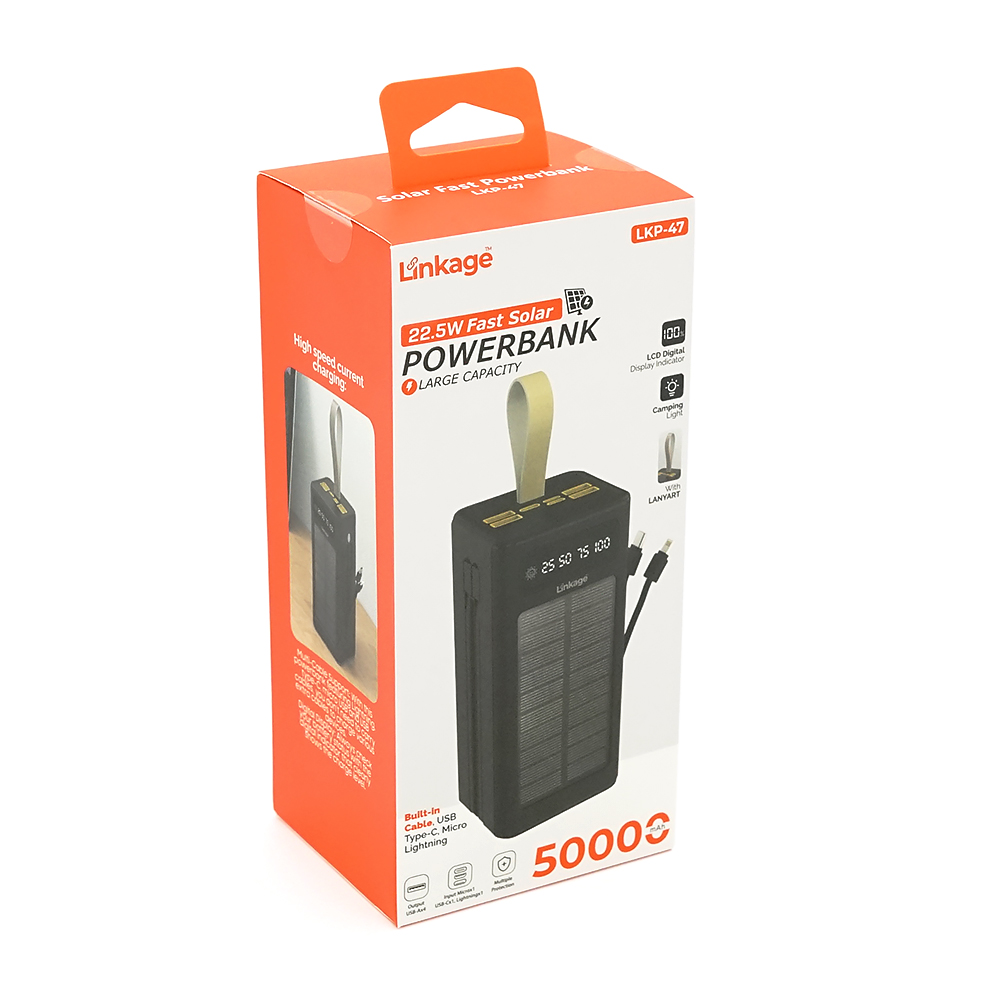 Power bank Linkage LKP-47 50000mAh, Solar, 22.5W, Кабелю Туре-С+Lighting, 1,060 kg, Black, Blister — Фото 2