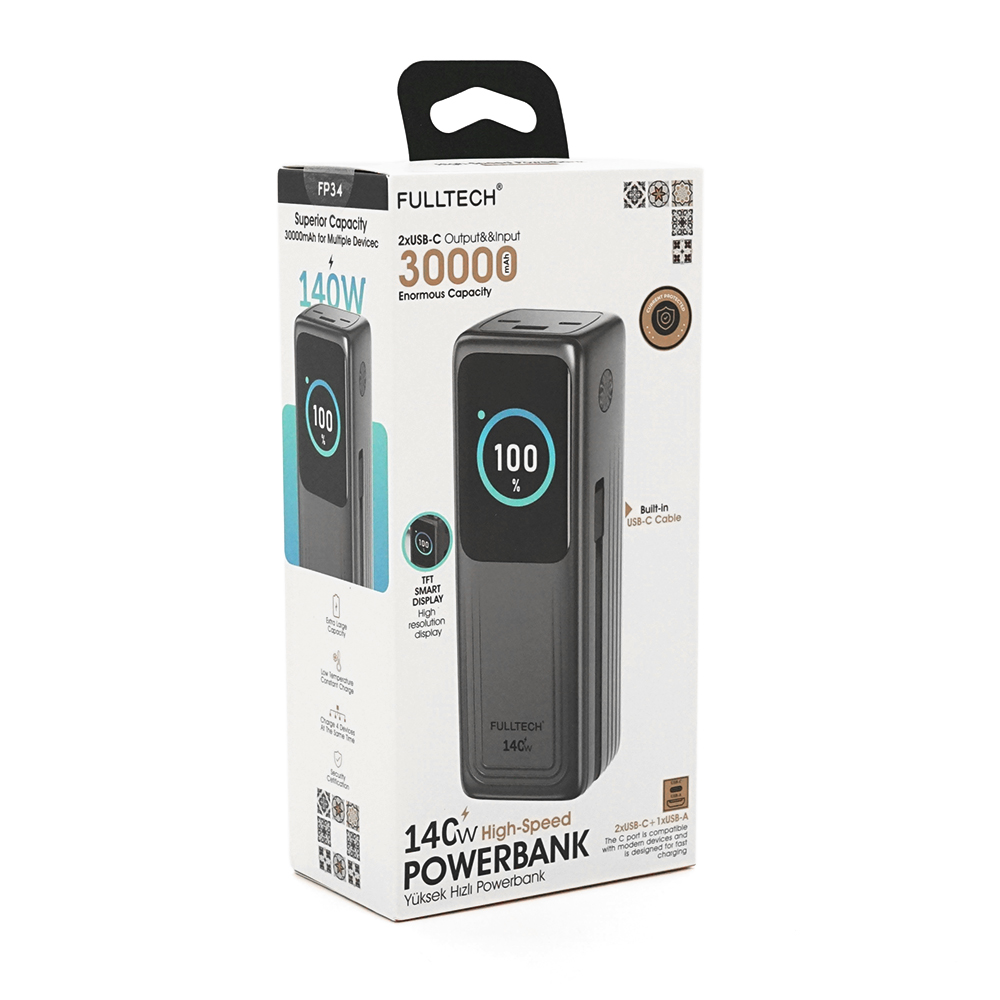 Powerbank Fulltech FP34 30000mAh, Fast charge PD140W, Li-pol, LCD Display, Вхід:Type-C, Виходи: 2xUSB Type-C, 1xUSB Type-A, USB Type-C Cable, Box — Фото 2