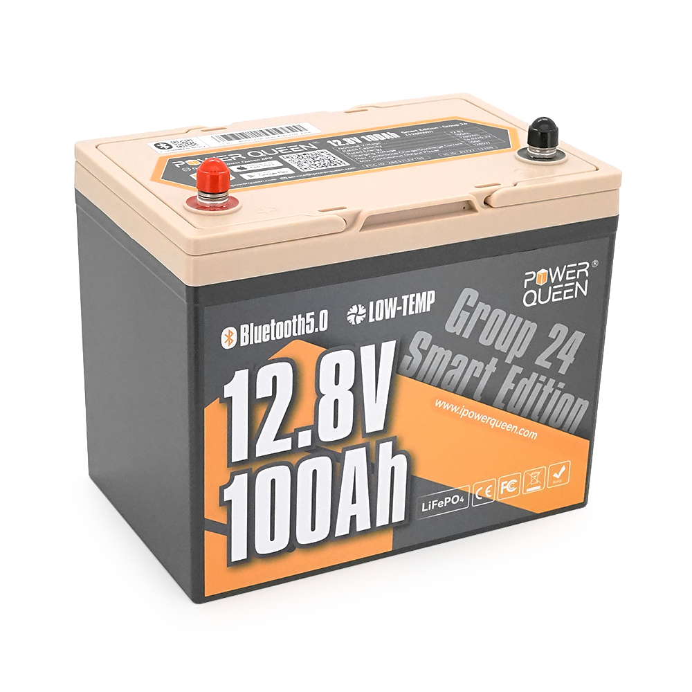 Акумуляторна батарея LiFePO4 Power Queen 12.8V 100Ah H190, 1280Wh, BMS 100A, Group24 BT, Bluetooth, ≥4000 циклів, 254×167×210mm, 9.92kg