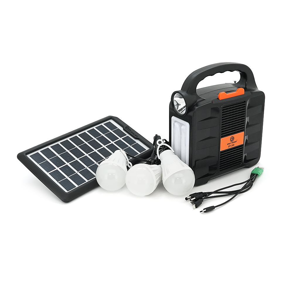 Переносний ліхтар EP-396 + Solar, Функції: PowerBank, FM радіо, USB/TF, Bluetooth, АКБ 6V/4A, 3 виносні лампочки 3W, 185х82х209мм, Black, Box