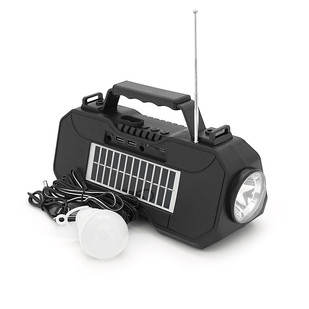 Переносний ліхтар EP-519 + Solar, Функції: PowerBank, FM радіо, USB/TF, Bluetooth, АКБ 1800mAh, 1 виносна лампочка 1W, 244x193x50мм, Black, Box