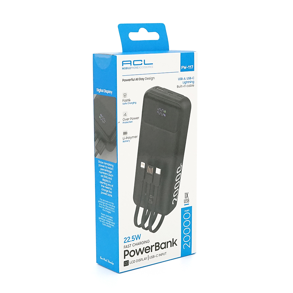 Powerbank ACL PW-117 20000mAh, PD22.5W, 1xUSB+2xUSB-C, 3 кабелі (USBType-C/Lighting), 0.47кг, Black/White, Box — Фото 2