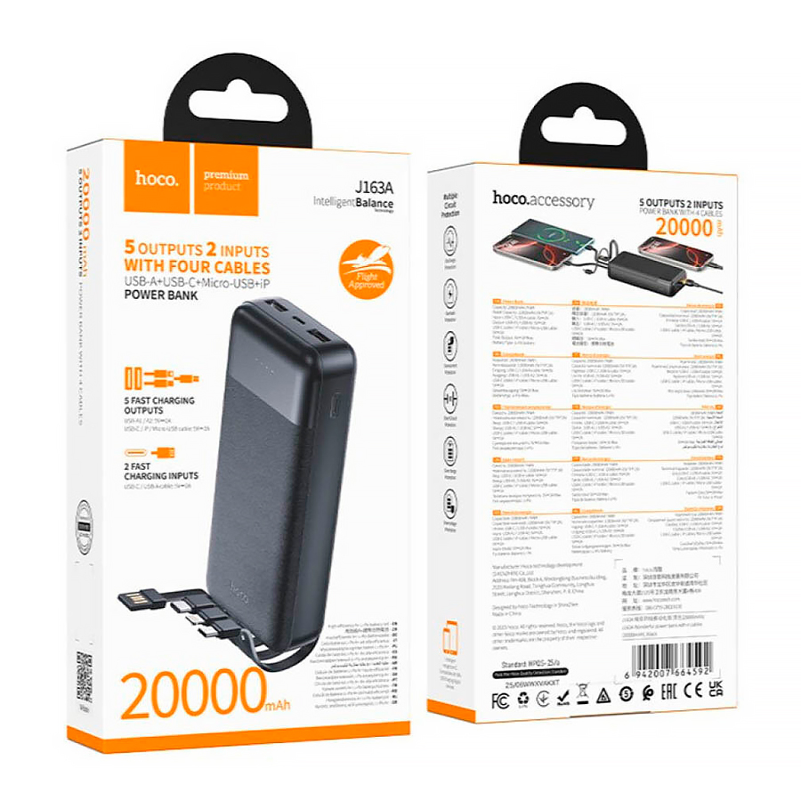 Power Bank HOCO J163A 20000mAh, 4 кабелі, Black, 0.460kg — Фото 4
