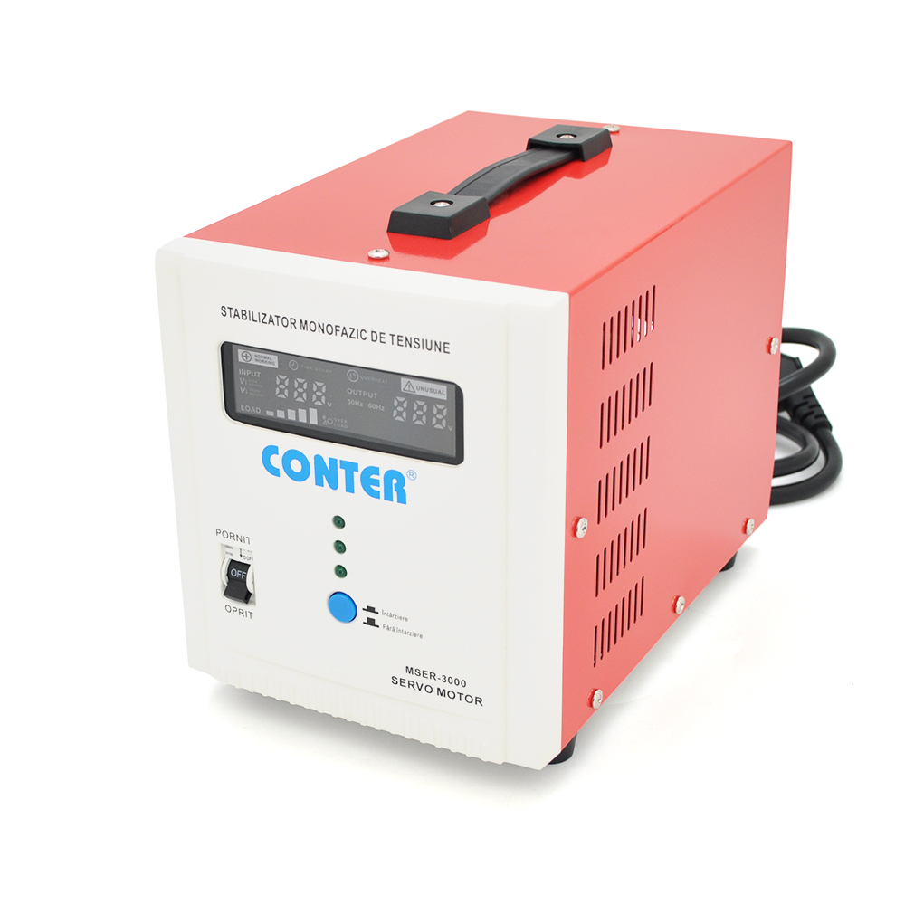 Стабілізатор напруги Conter MSER 3000 VA-V2 / 2250W однофазний, сервопривід, монтажу підлоги, LED дисплей, діапазон 130-260V, AC230±3%, 2*Shuko, 161x255x178mm, 8.2kg