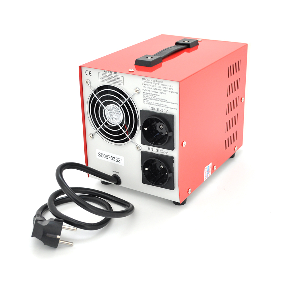 Стабілізатор напруги Conter MSER 3000 VA-V2 / 2250W однофазний, сервопривід, монтажу підлоги, LED дисплей, діапазон 130-260V, AC230±3%, 2*Shuko, 161x255x178mm, 8.2kg