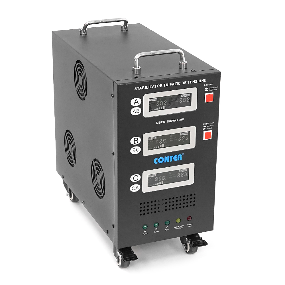 Стабілізатор напруги Conter MSER-15KVA / 12KW- 400V-V2 трифазний, сервопривід, монтажу підлоги, LED дисплей, діапазон 225-450V, AC400±3%, колодка, 416x219x352 mm, 33.8kg