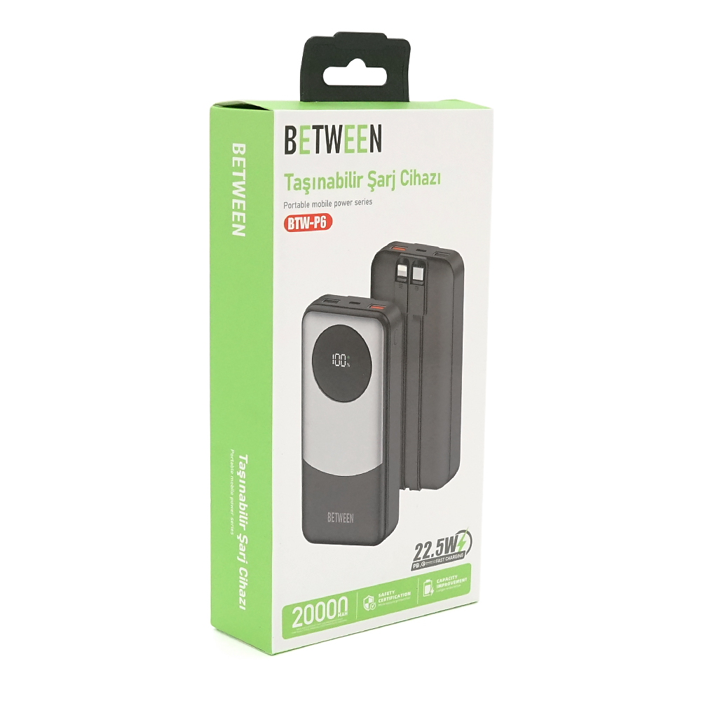 Power bank BETWEEN BTW-P6 20000mAh, 22.5W, 2 кабелі: Type-C+Lighting, Black, 490g, Box — Фото 2
