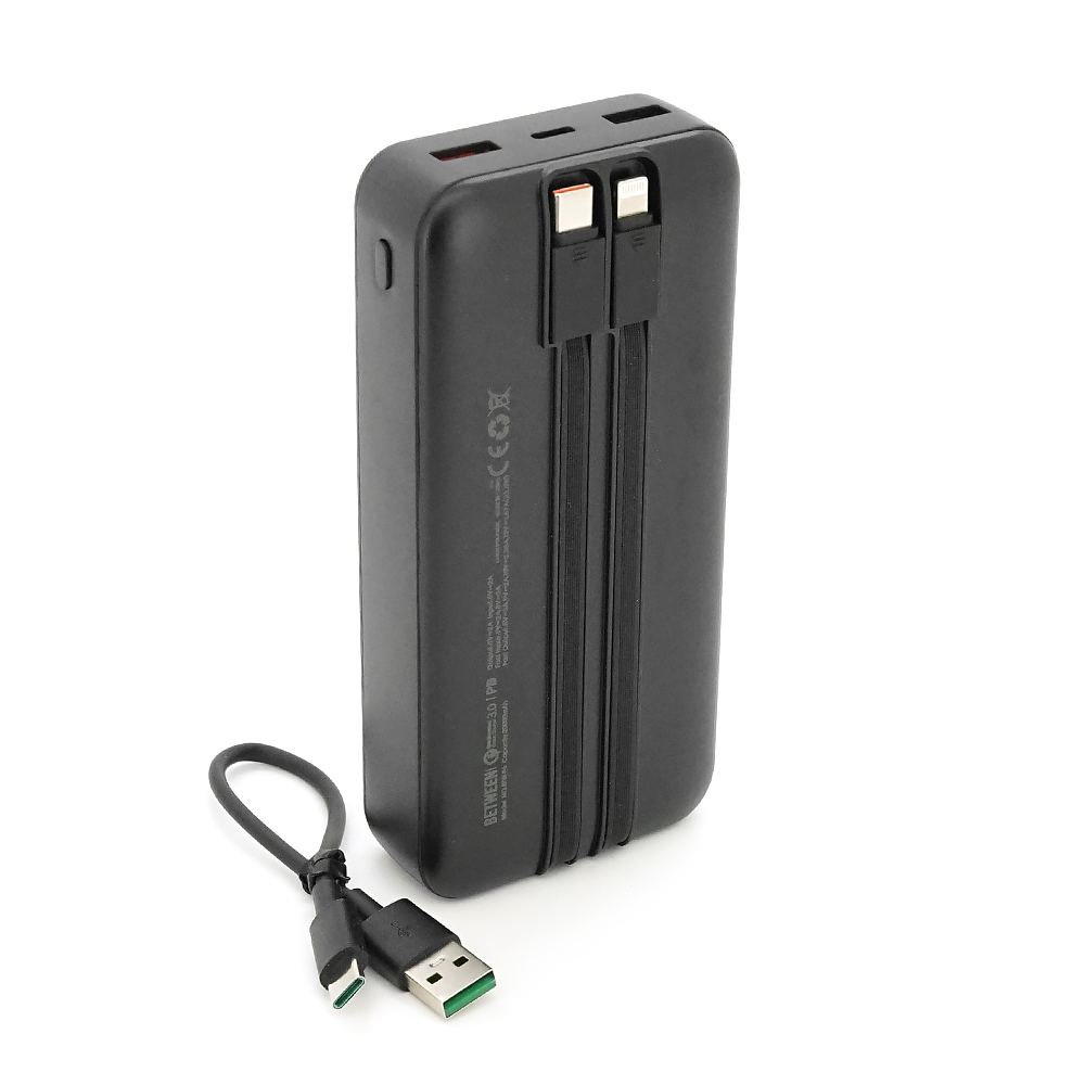 Power bank BETWEEN BTW-P6 20000mAh, 22.5W, 2 кабелі: Type-C+Lighting, Black, 490g, Box — Фото 3
