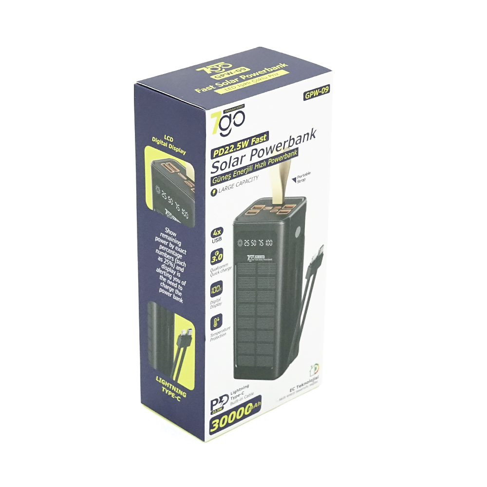 Powerbank 7GO GPW-09 30000mAh, Solar, 22.5W, Li-pol, LCD Display, Вхід:Type-C, Виходи: 2xUSB Type-C, 4xUSB Type-A, кабелю T-C/Ligh, 0,70, Black, Box — Фото 2
