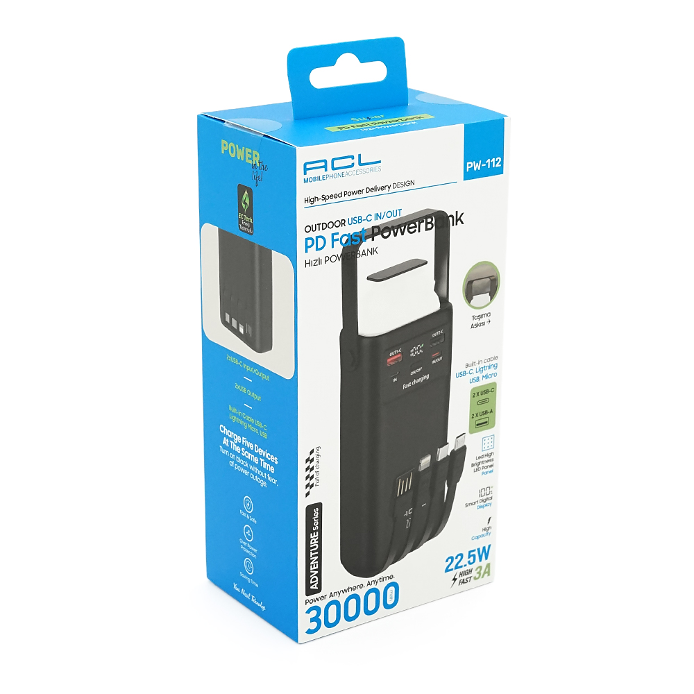 Powerbank ACL PW-112 30000mAh, 22.5W, 2xUSB, 4 кабелі (USB/Micro/Type-C/Lighting), Ліхтар, 0.70кг, Black, Box — Фото 2