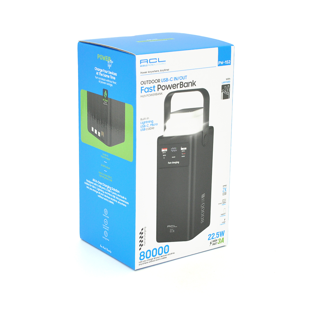 Powerbank ACL PW-152 80000mAh, 22.5W, 2xUSB, 4 кабелі (USB/Micro/Type-C/Lighting), Ліхтар, 1.4кг, Black, Box — Фото 4