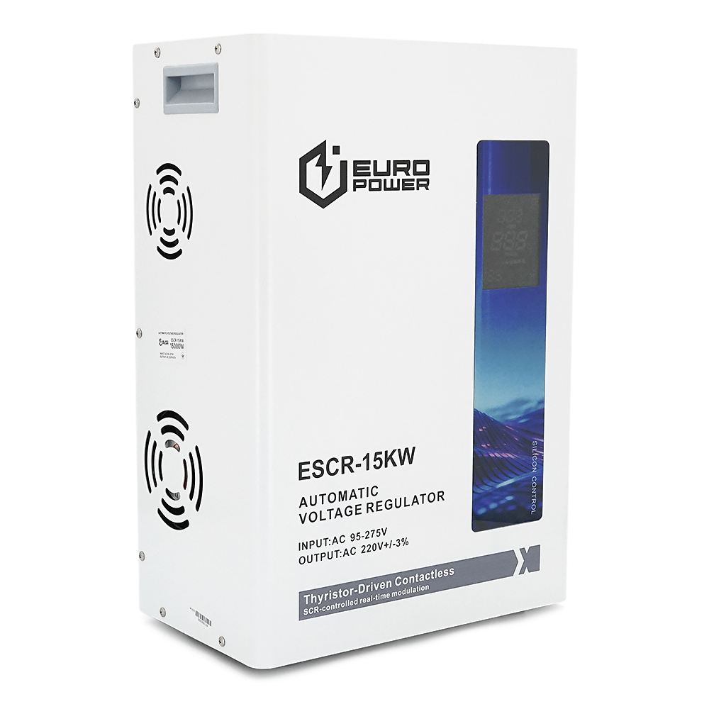Тиристорний стабілізатор напруги Europower ESCR-15KW LCD, 15000 Вт, змінний струм 95-275 В, 50 Гц / 60 Гц, алюміній, ≤50 дБ, вентилятор, коефіцієнт потужності 100 %, 30,5 кг, Q1