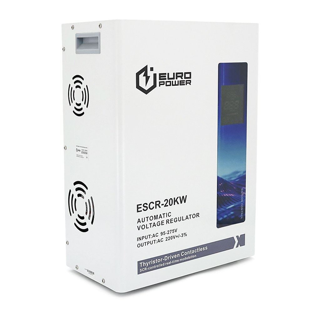 Стабілізатор напруги Europower ESCR-20KW з РК-дисплеєм та тиристорним регулюванням, 20 000 Вт, змінний струм 95-275 В, 50 Гц / 60 Гц, алюміній, ≤50 дБ, вентилятор, коефіцієнт потужності 100 %, 34,3 кг