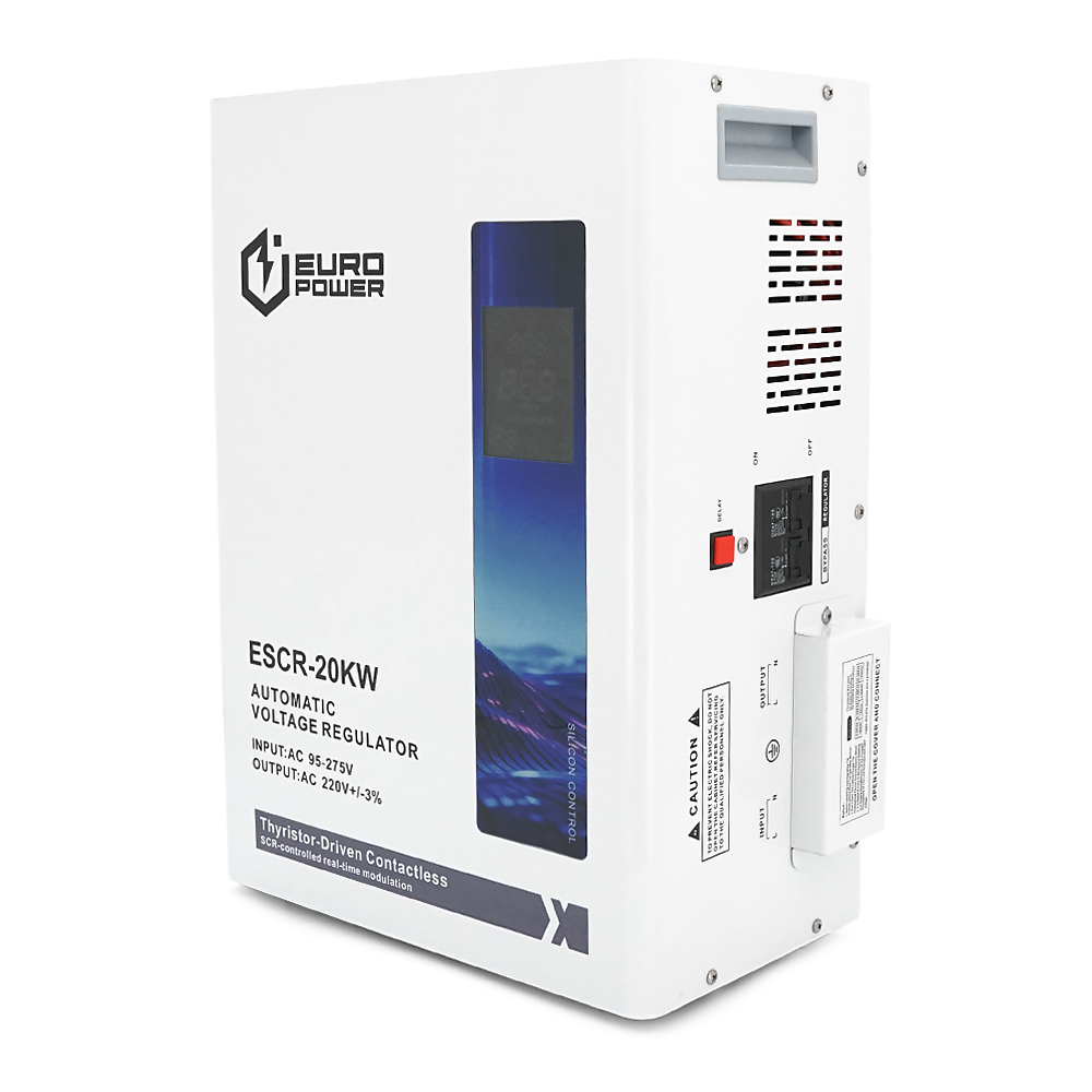 Стабілізатор напруги Europower ESCR-20KW з РК-дисплеєм та тиристорним регулюванням, 20 000 Вт, змінний струм 95-275 В, 50 Гц / 60 Гц, алюміній, ≤50 дБ, вентилятор, коефіцієнт потужності 100 %, 34,3 кг