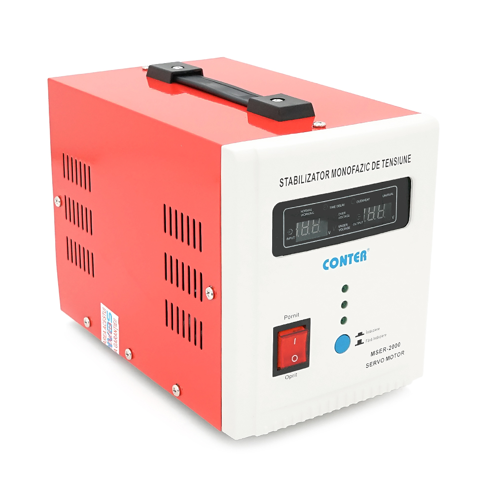 Стабілізатор напруги Conter MSER 2000 VA-V2 / 1600W однофазний, сервопривід, монтажу підлоги, LED дисплей, діапазон130-260V, AC230±3%, 2*Shuko, 5.2kg
