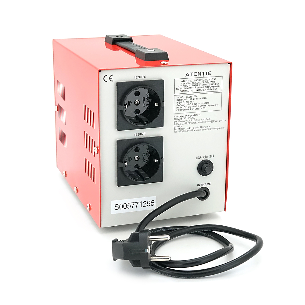 Стабілізатор напруги Conter MSER 2000 VA-V2 / 1600W однофазний, сервопривід, монтажу підлоги, LED дисплей, діапазон130-260V, AC230±3%, 2*Shuko, 5.2kg