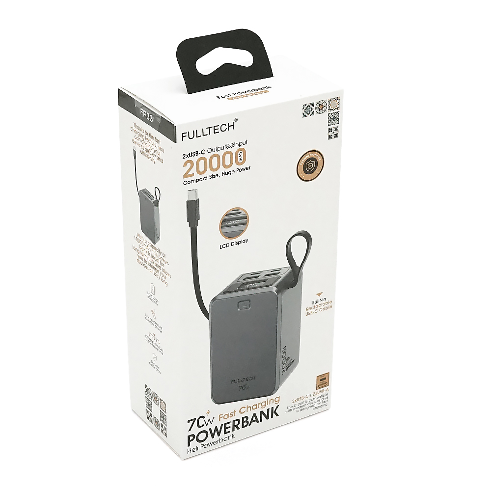 PowerBank FULLTECH FP33 20000mAh, 70W, Input: (Type-C), Output: (USB, 2*Type-C), індикація заряду, 0,430kg, Gray, Box — Фото 2