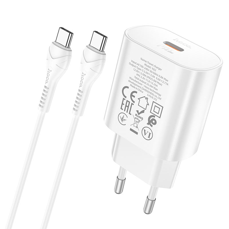 Набір СЗУ HOCO N22+кабель Type-C/Type-C, 1xUSB-C, PD25W, White, Box