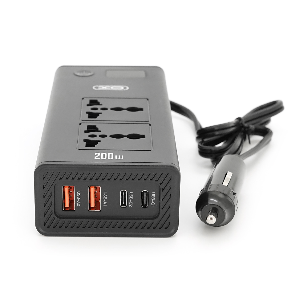 Інвертор напруги XO CZ027 (DC:200W), 12 / 220V з апроксимованою синусоїдою, 2 універсальні розетки, 2*USB-A, 2*USB-C, в прикурювач, BOX