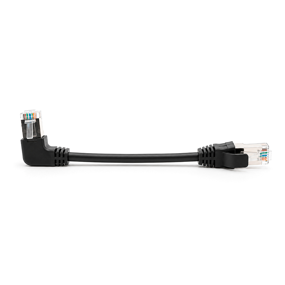 Патч-корд литий FTP, RJ45(прямий/кутовий), екранований, FTP5e 0.132m, patch D=4.9mm AWG28 1x90° CU, DC  2-12 V, чорний, Q200