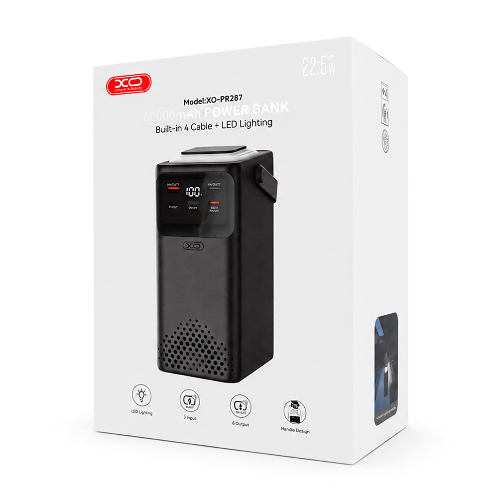 PowerBank XO-PR287 80000mAh Three Inputs and Six Outputs Comes with Four Cables+Lighting Fast Charging Mobile Power, PD20W, QC22.5W, plastic,Black — Фото 2