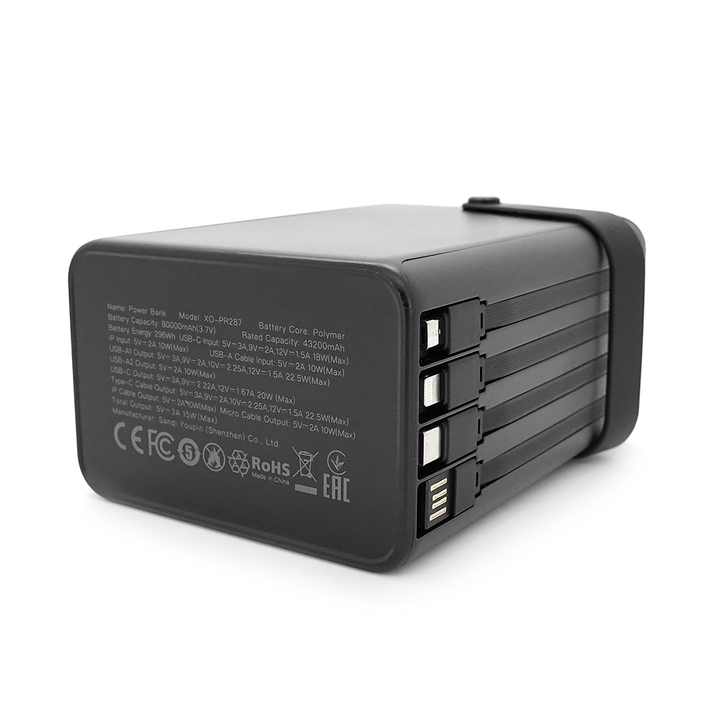 PowerBank XO-PR287 80000mAh Three Inputs and Six Outputs Comes with Four Cables+Lighting Fast Charging Mobile Power, PD20W, QC22.5W, plastic,Black — Фото 5