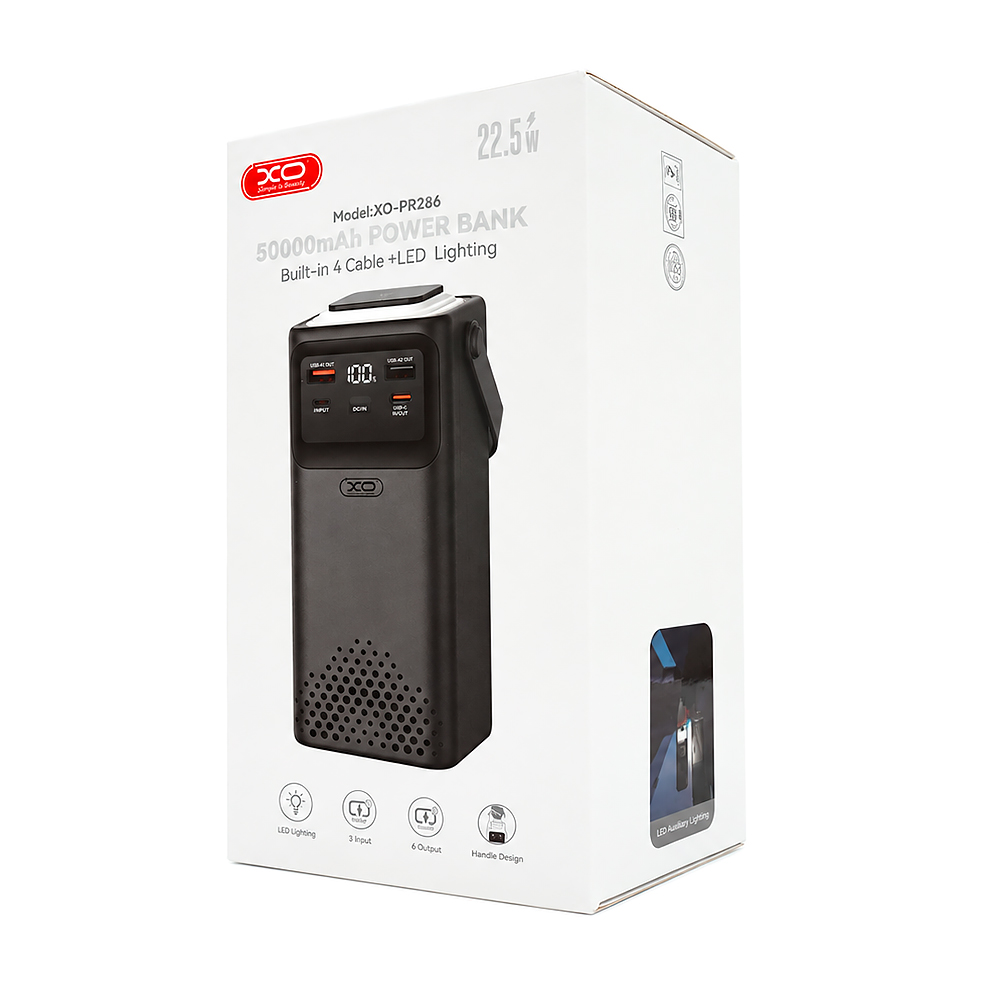 PowerBank XO-PR286 50000mAh Three Inputs and Six Outputs Comes with Four Cables+Lighting Fast Charging Mobile Power, PD20W, QC22.5W, plastic,Black — Фото 3