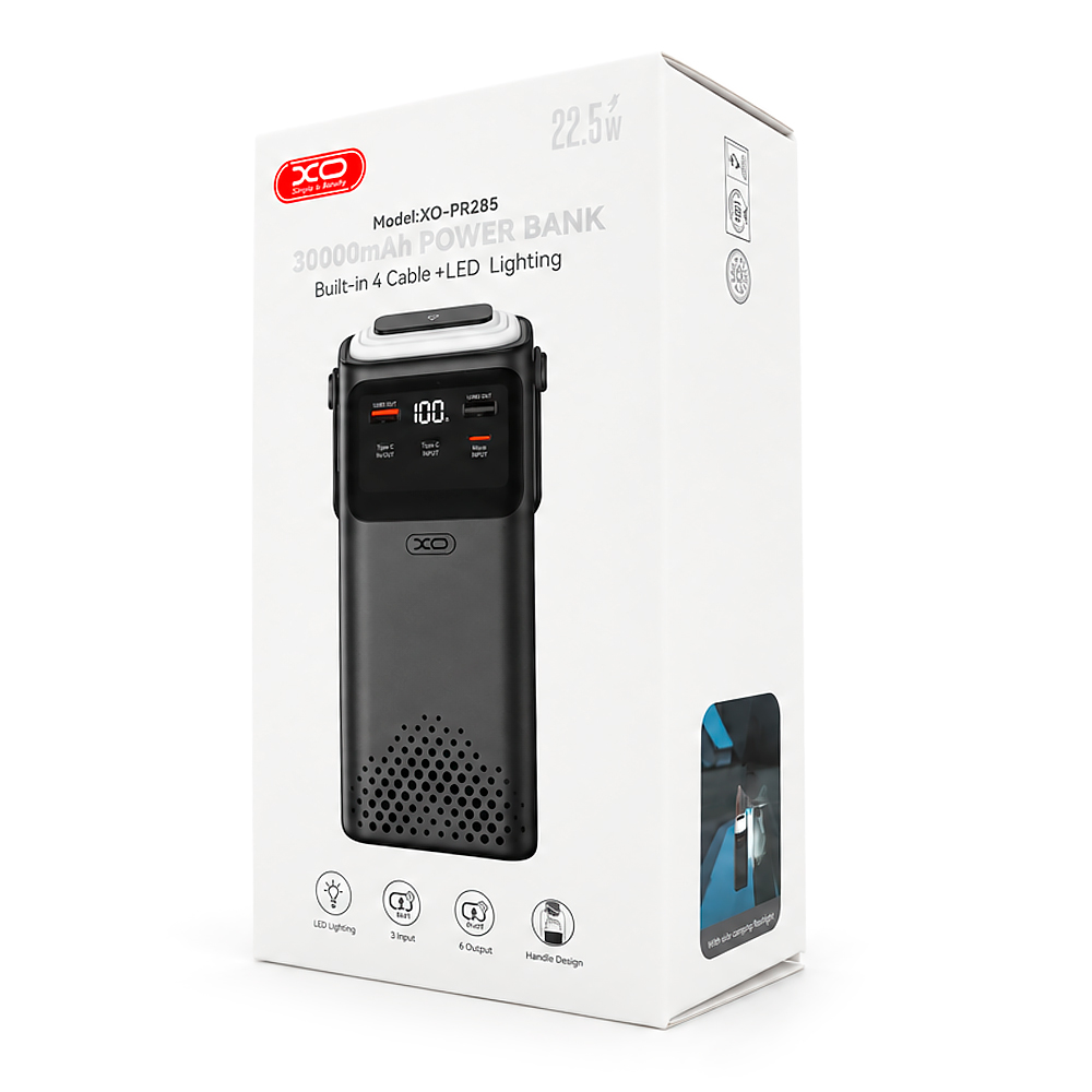 PowerBank XO-PR285 30000mAh Three Inputs and Six Outputs Comes with Four Cables+Lighting Fast Charging Mobile Power, PD20W, QC22.5W, plastic,Black — Фото 2