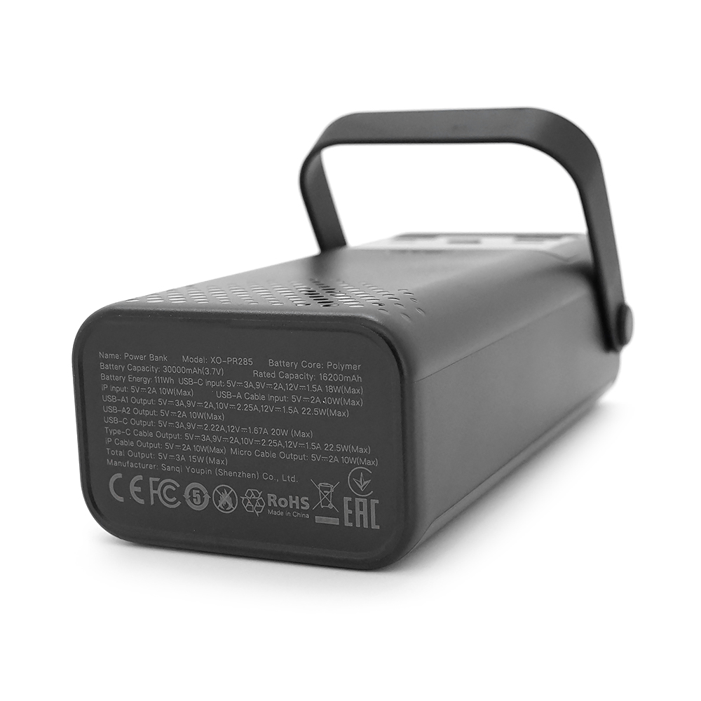PowerBank XO-PR285 30000mAh Three Inputs and Six Outputs Comes with Four Cables+Lighting Fast Charging Mobile Power, PD20W, QC22.5W, plastic,Black — Фото 5
