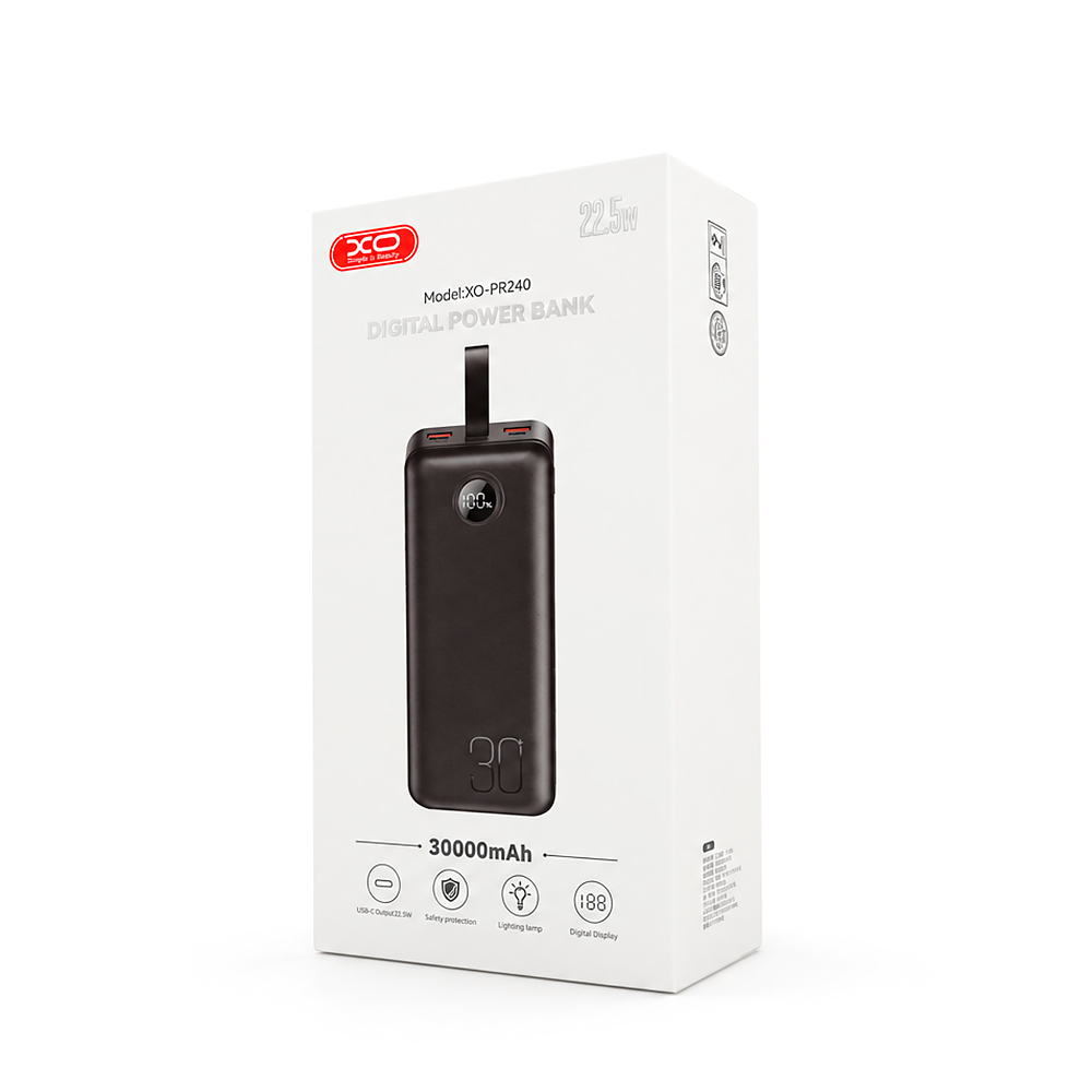 PowerBank XO-PR240 30000mAh Digital Fast Charger, Input:5V-12V/1.5-2.4A(Type-C,MicroUSB),Output: 5V-12V/1.5-5А, PD20W,2- QC22.5W, plastic,Black — Фото 2