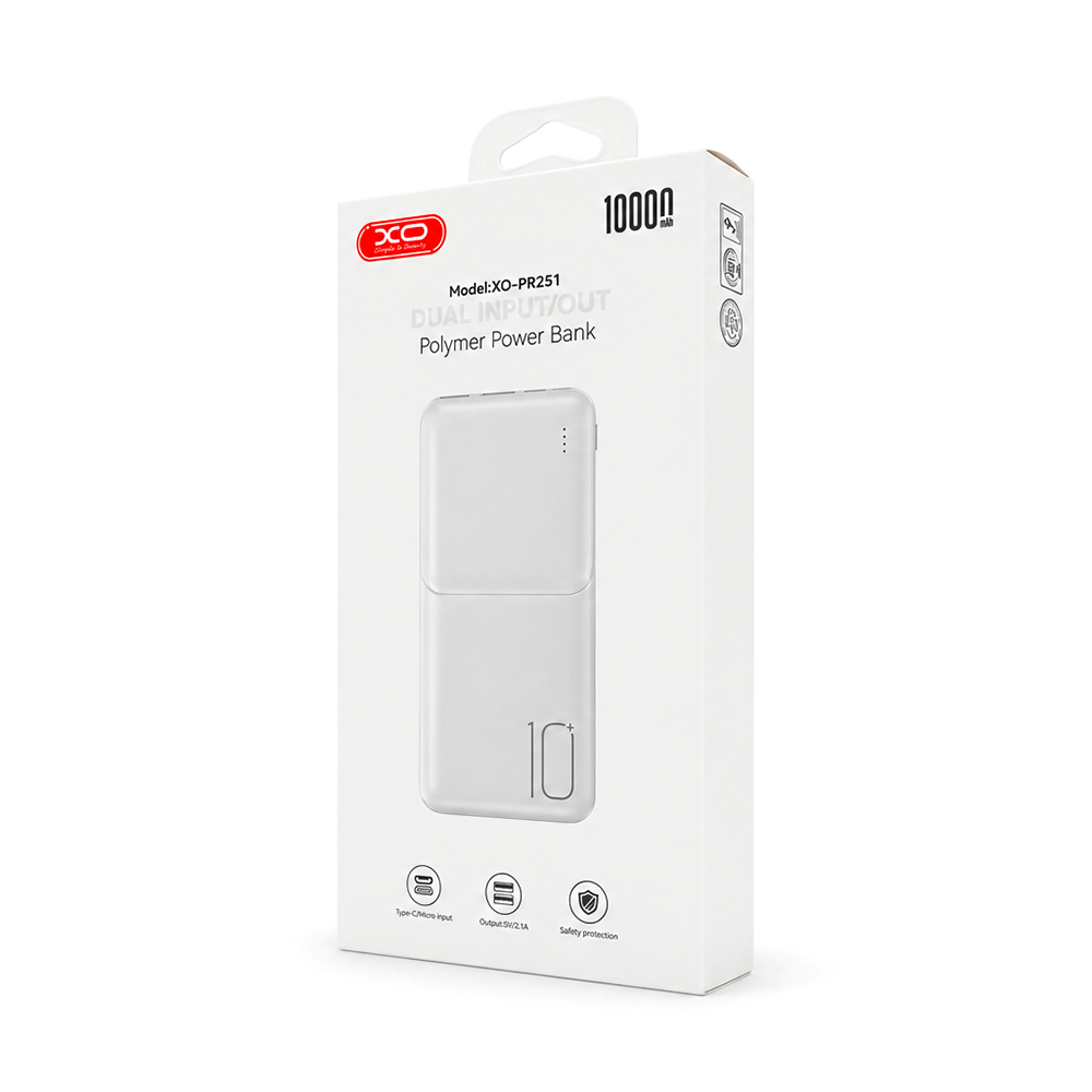 PowerBank XO-PR251 10000mAh Lighted Mobile Power, Input:5V/2.4A(Type-C,MicroUSB),Output: 5V/3А(Type-C,2-USB-А), plastic,White — Фото 2