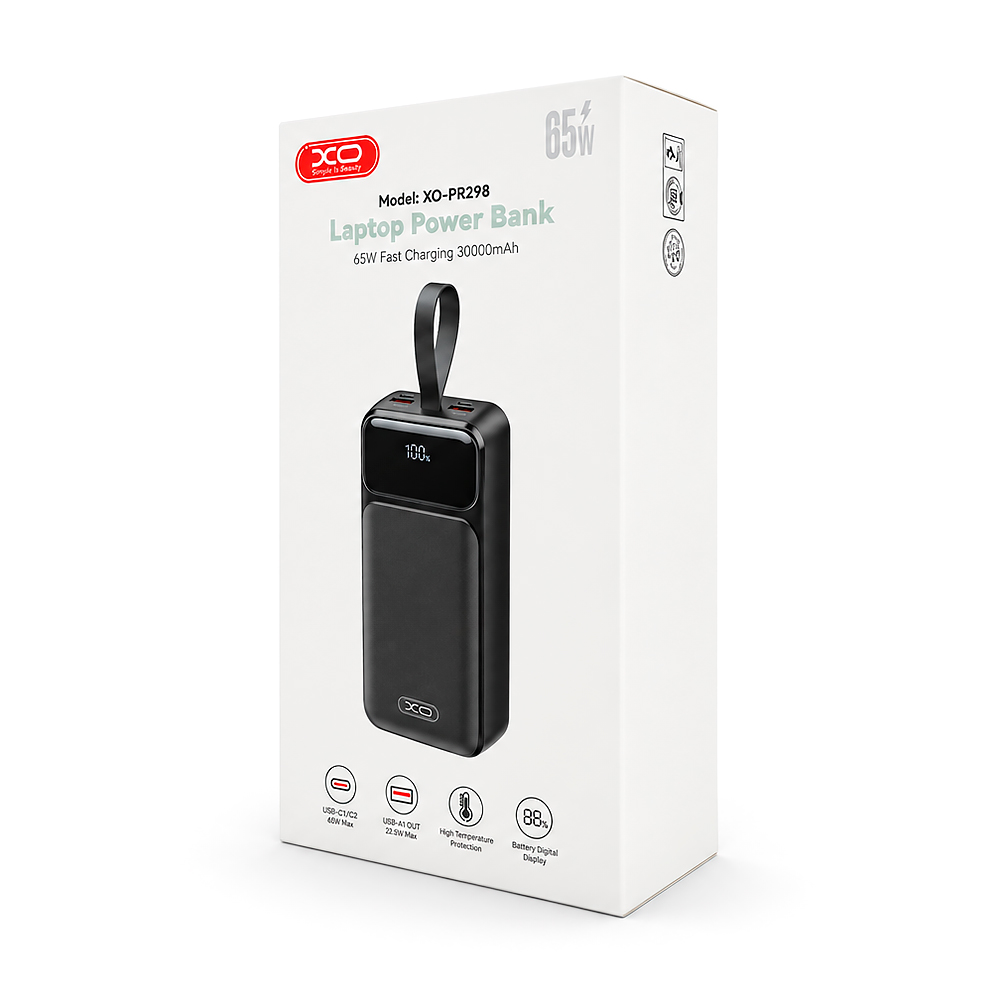 PowerBank XO-PR298 30000mAh Digital Fast Charger, Input:5V-20V/2-3A/60.0W(Max)(Type-C),Output: 5V-20V/2-4,5А(65.0W), 2-USB-С,2- QC22.5W, plastic,Black — Фото 3