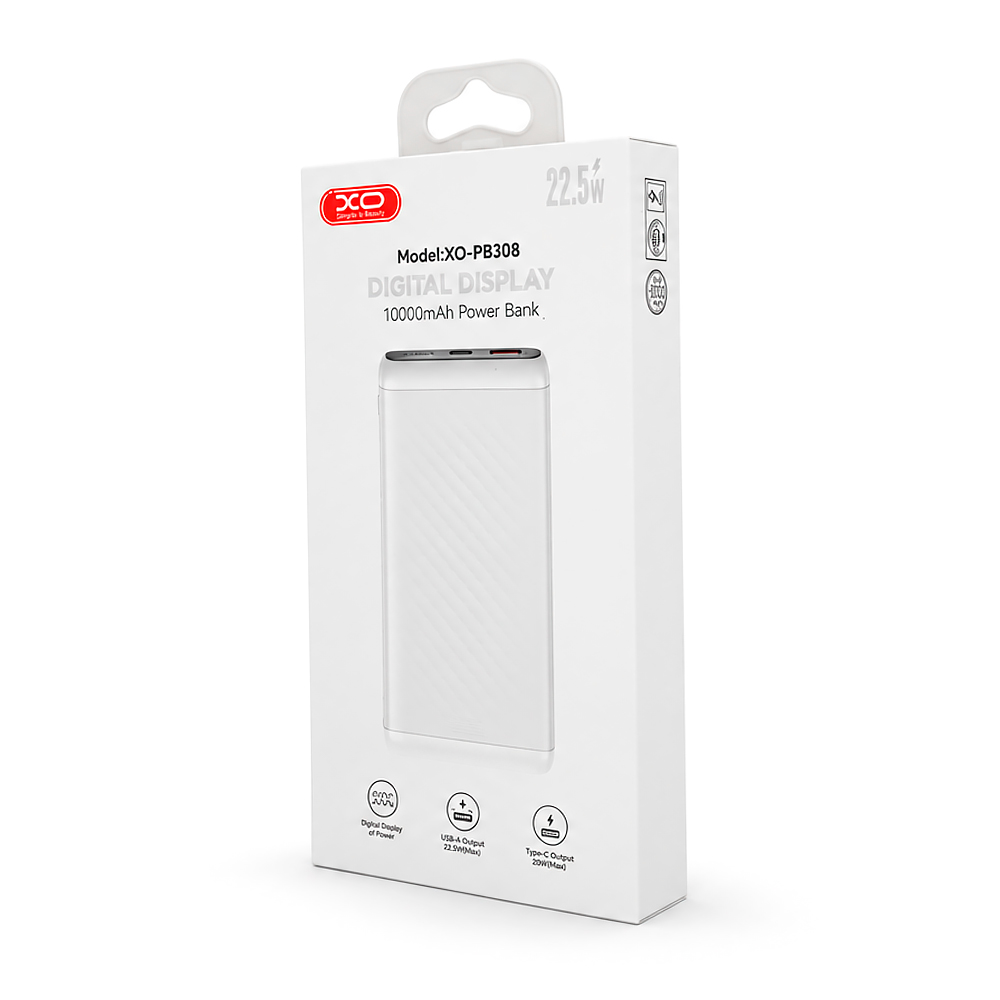 PowerBank XO-PB308 10000mAh Digital Fast Charge, Input:5V-12V/1,5-2,5A/18W(Max)(Type-C),Output: 5V-12V/1,65-5А(22,5W), USB-С, QC22.5W, plastic, White — Фото 2