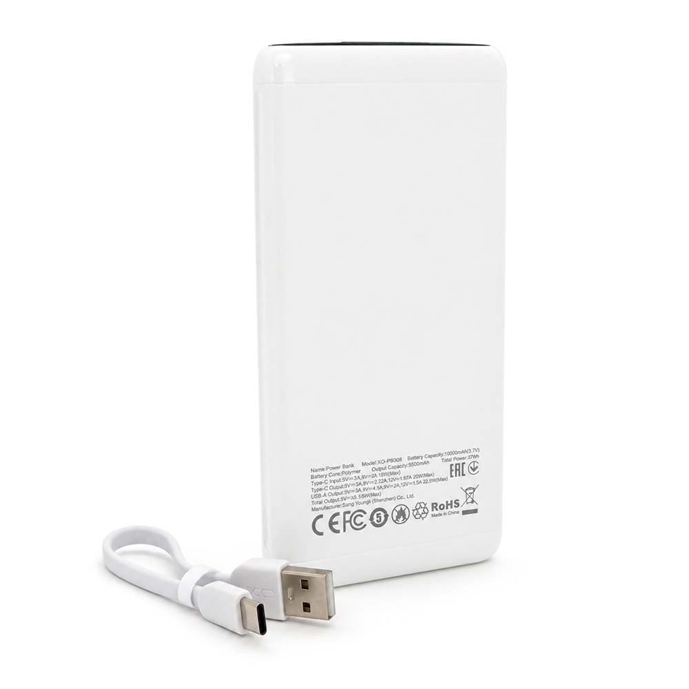 PowerBank XO-PB308 10000mAh Digital Fast Charge, Input:5V-12V/1,5-2,5A/18W(Max)(Type-C),Output: 5V-12V/1,65-5А(22,5W), USB-С, QC22.5W, plastic, White — Фото 3