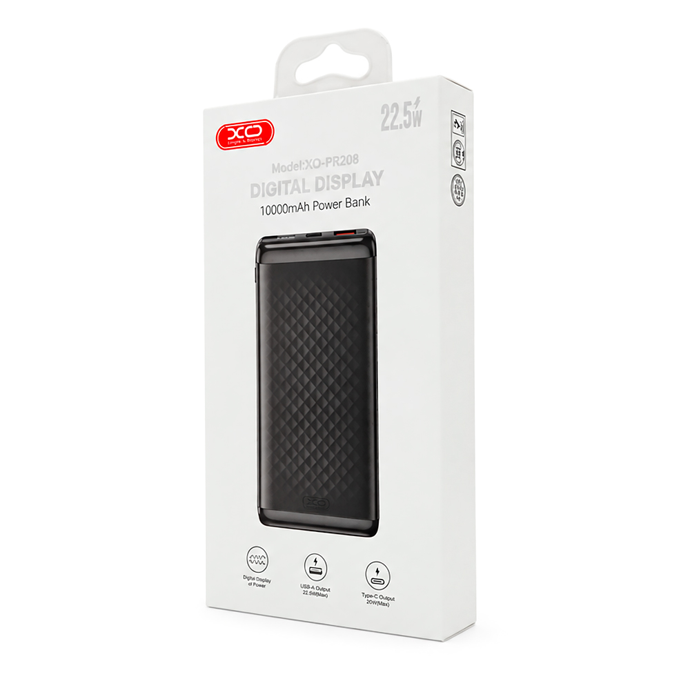PowerBank XO-PB308 10000mAh Digital Fast Charge, Input:5V-12V/1,5-2,5A/18W(Max)(Type-C),Output: 5V-12V/1,65-5А(22,5W), USB-С, QC22.5W, plastic,Black — Фото 3