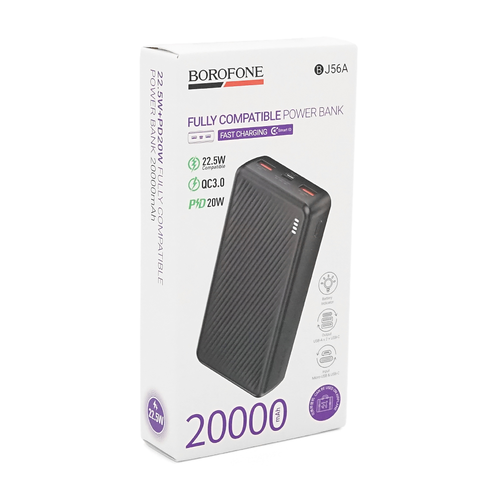 Power bank Borofone BJ56A 20000mAh, 22.5W+PD20W, 2*USB+Type-C, Black, 460g, Box — Фото 2