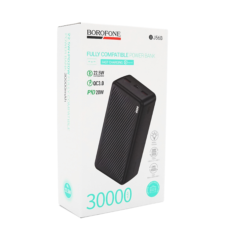 Power bank Borofone BJ56B 30000mAh, 22.5W+PD20W, 2*USB+Type-C, Black, 660g, Box — Фото 2