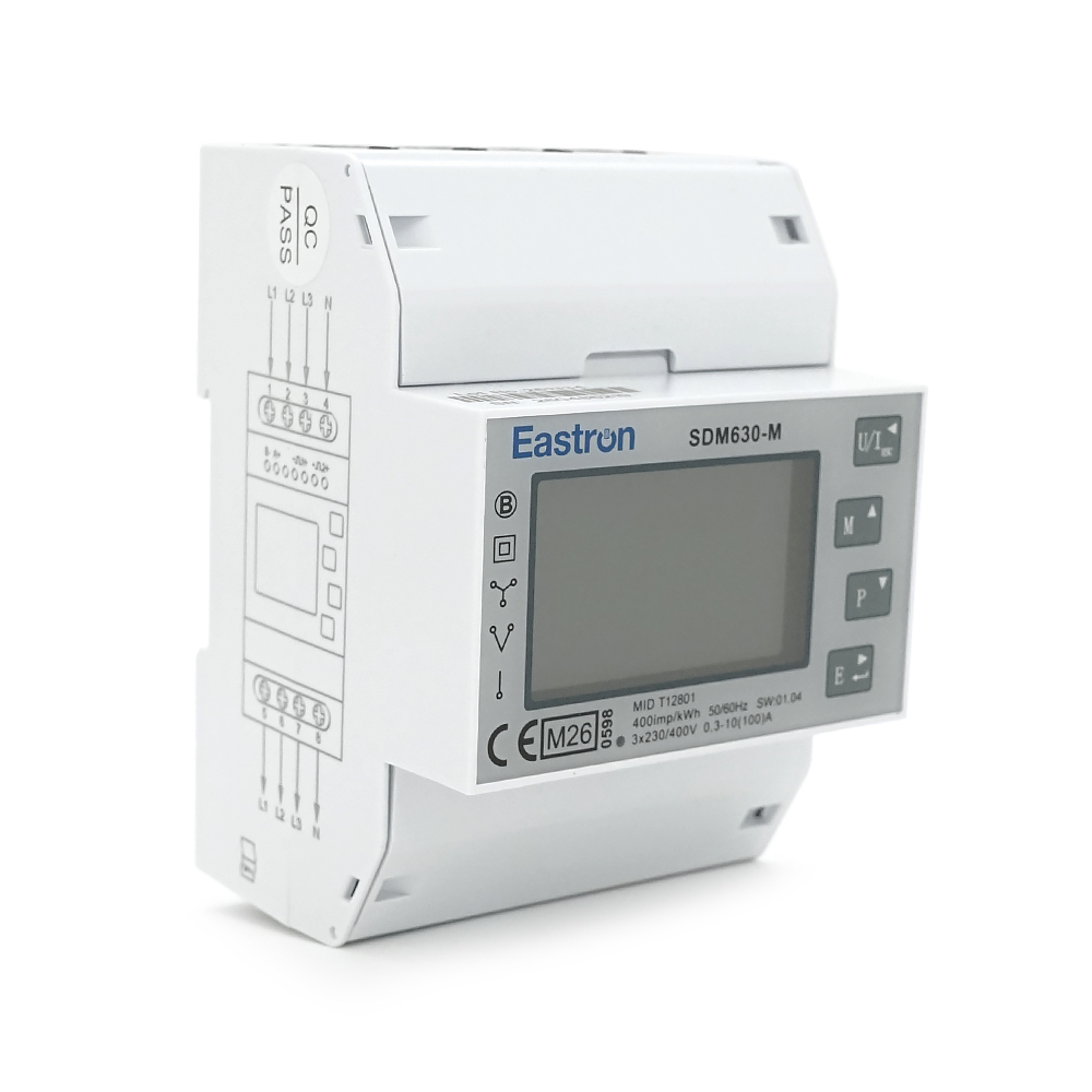 Трифазний електронний лічильник EASTRON SDM630 Modbus V2, 85-480V/0.5-10(100)A/50-60Gz на DIN-рейку, LCD, RS485