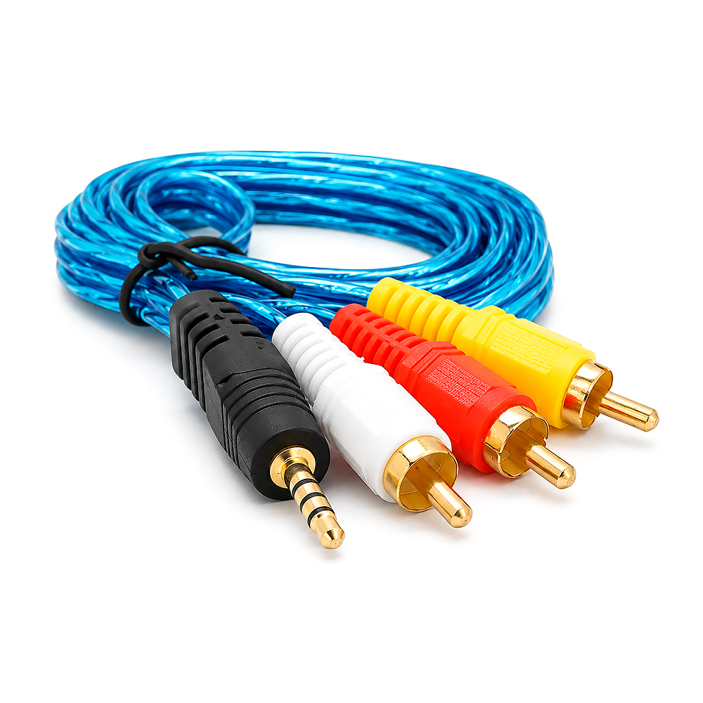 Кабель DC3.5 (тато) => 3хRCA (тато), GOLD Jack, довжина Jack 18мм, CU, силікон, круглий, Blue, 1,5 м, (Пакет) Q500