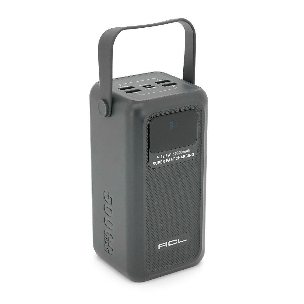 Powerbank ACL PW-131 50000mAh, 22.5W, 4xUSB, 4 кабелі (USB / Micro / Type-C / Lighting), Ліхтар, 1.08кг, Black, Box